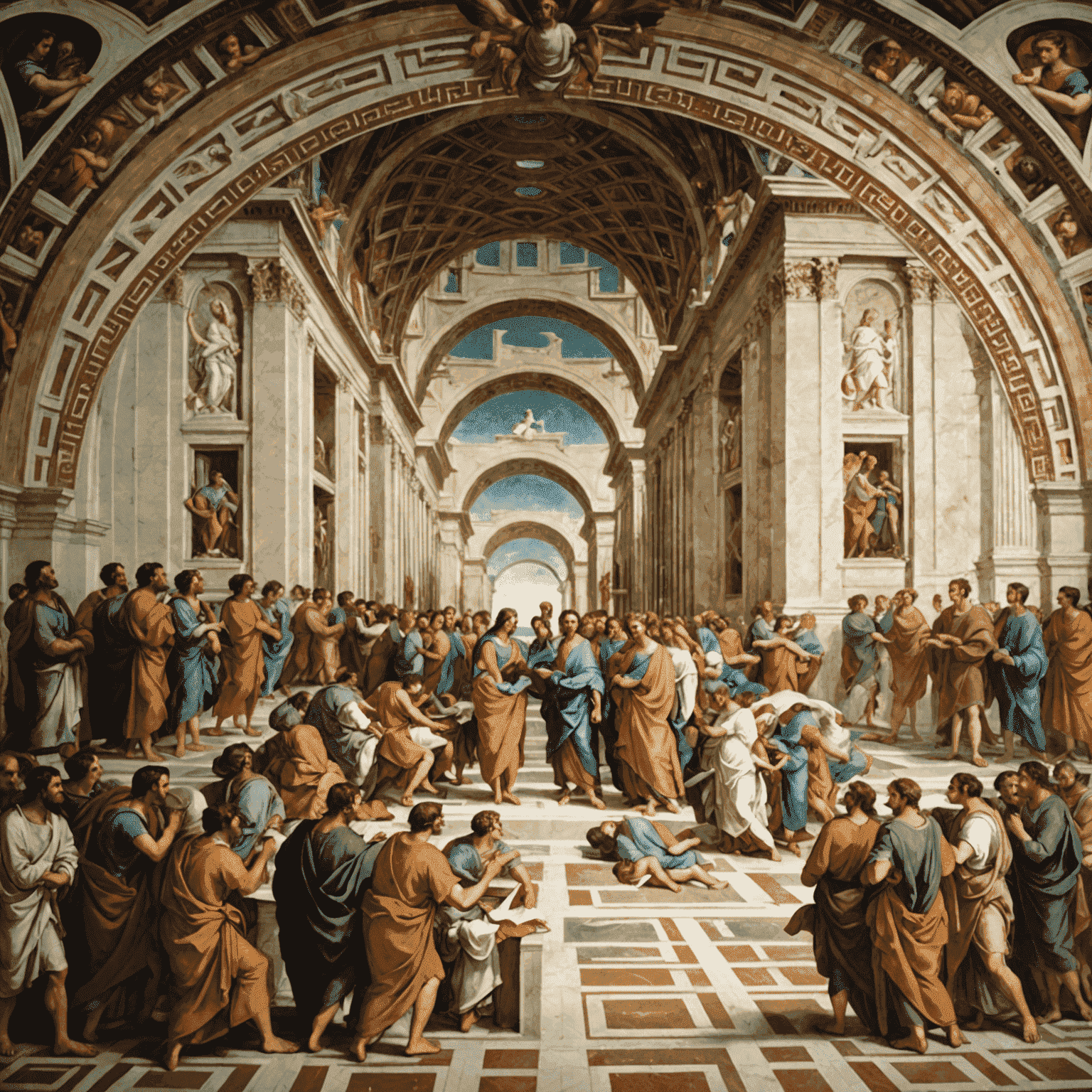 Panoramic view of the School of Athens fresco in Raphael's Rooms, showcasing the grand scale and intricate details of the High Renaissance masterpiece