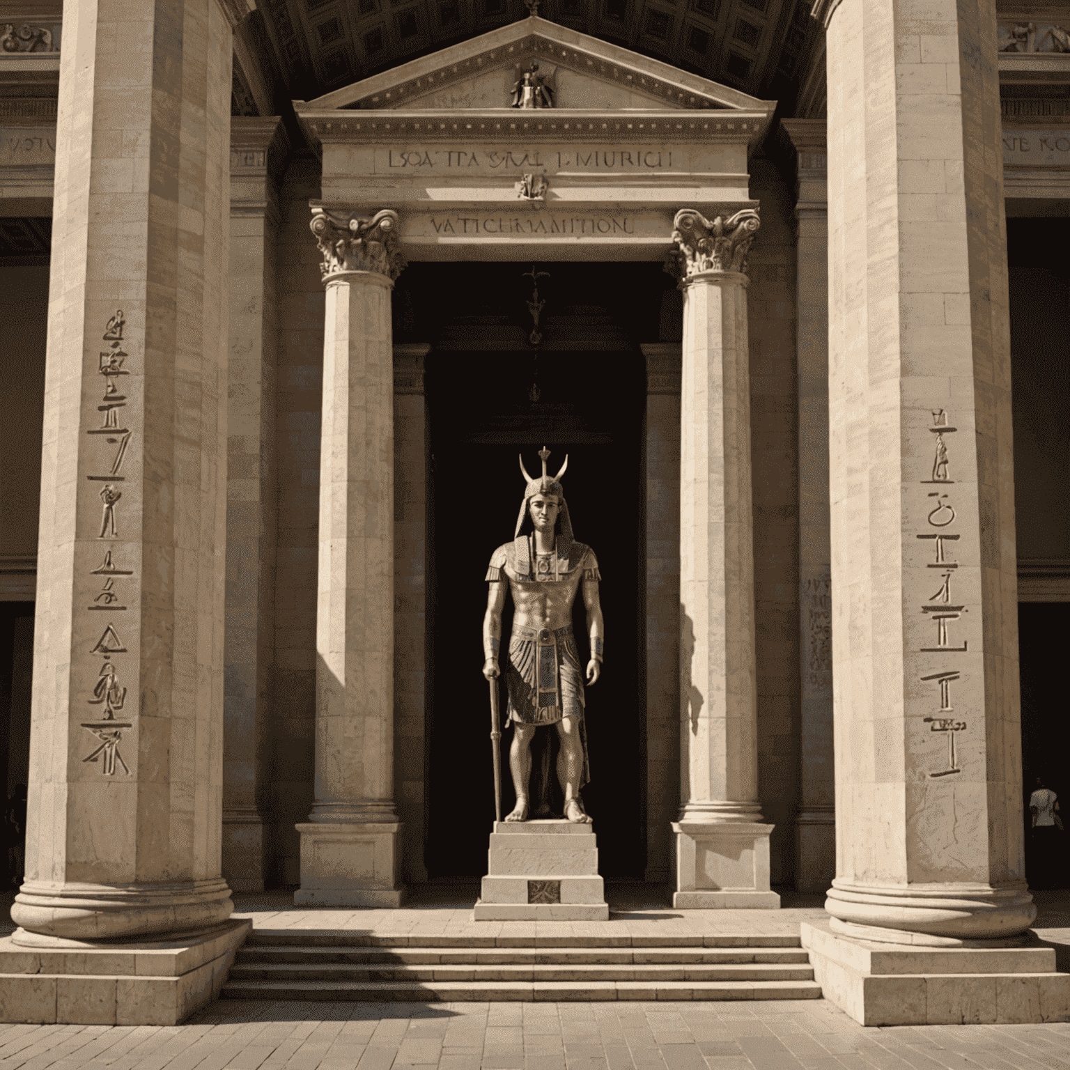 Entrance to the Vatican's Egyptian Museum, showcasing grand pillars with hieroglyphics and a large statue of an Egyptian pharaoh