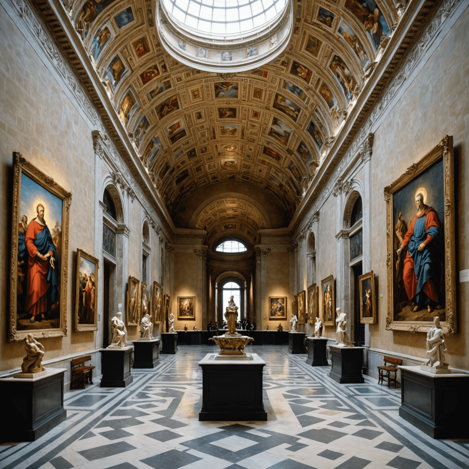 A panoramic view of a modern art gallery within the Vatican Museum, showcasing large-scale abstract paintings and sculptures with religious themes