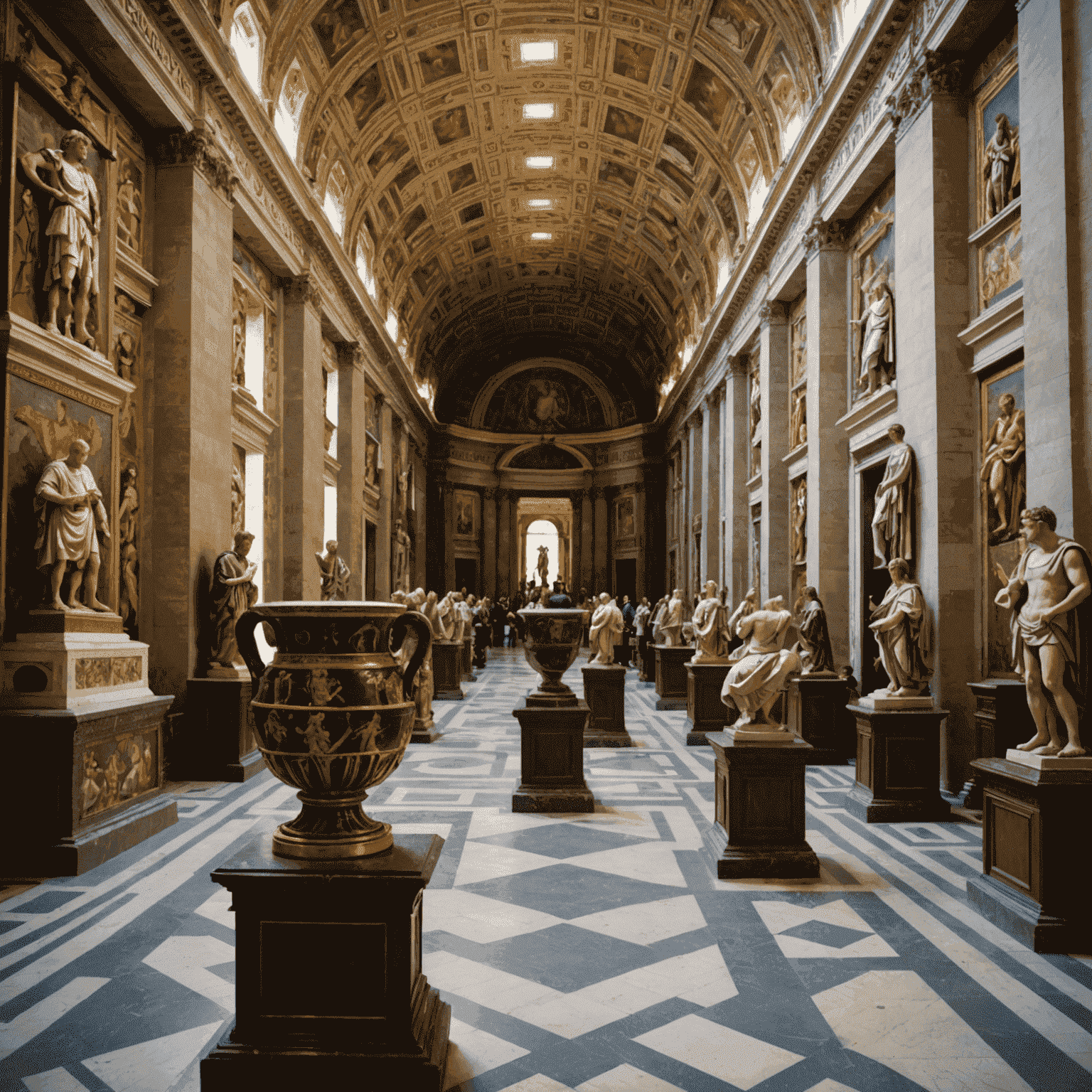 A collection of ancient Roman sculptures, vases, and mosaics displayed in a grand gallery of the Vatican Museum