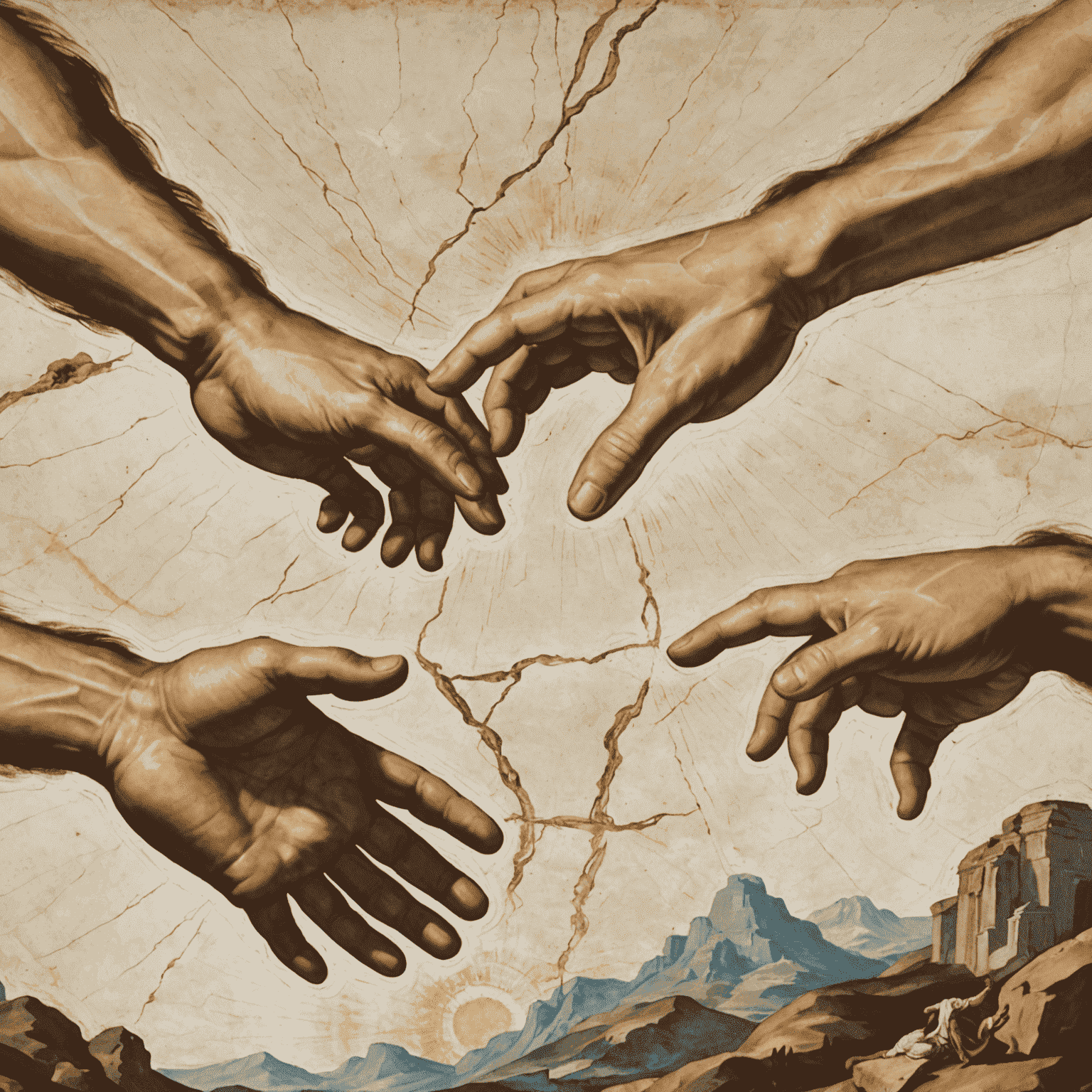Close-up of 'The Creation of Adam' fresco, showing the near-touching hands of God and Adam