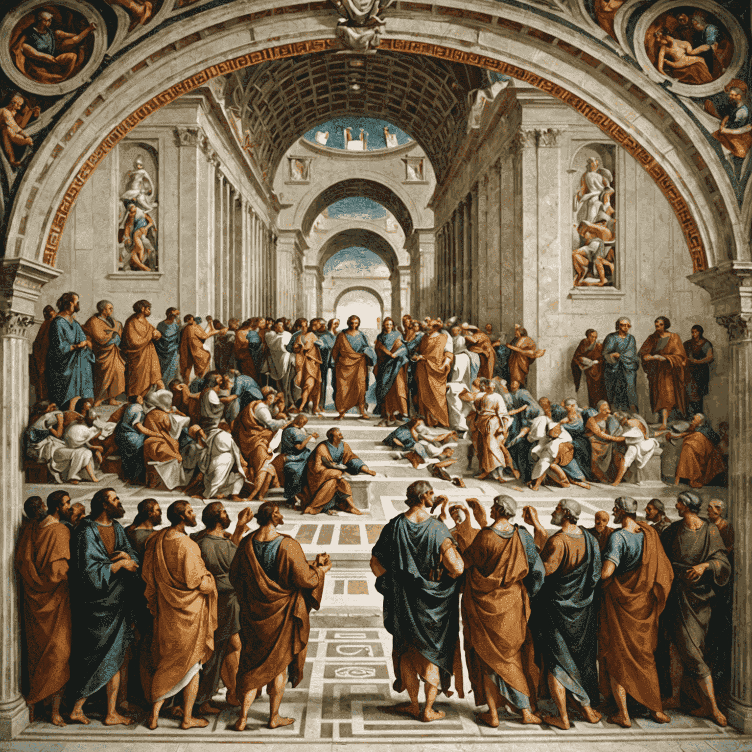 The School of Athens fresco in the Room of the Signatura, depicting ancient philosophers and scientists in a grand architectural setting