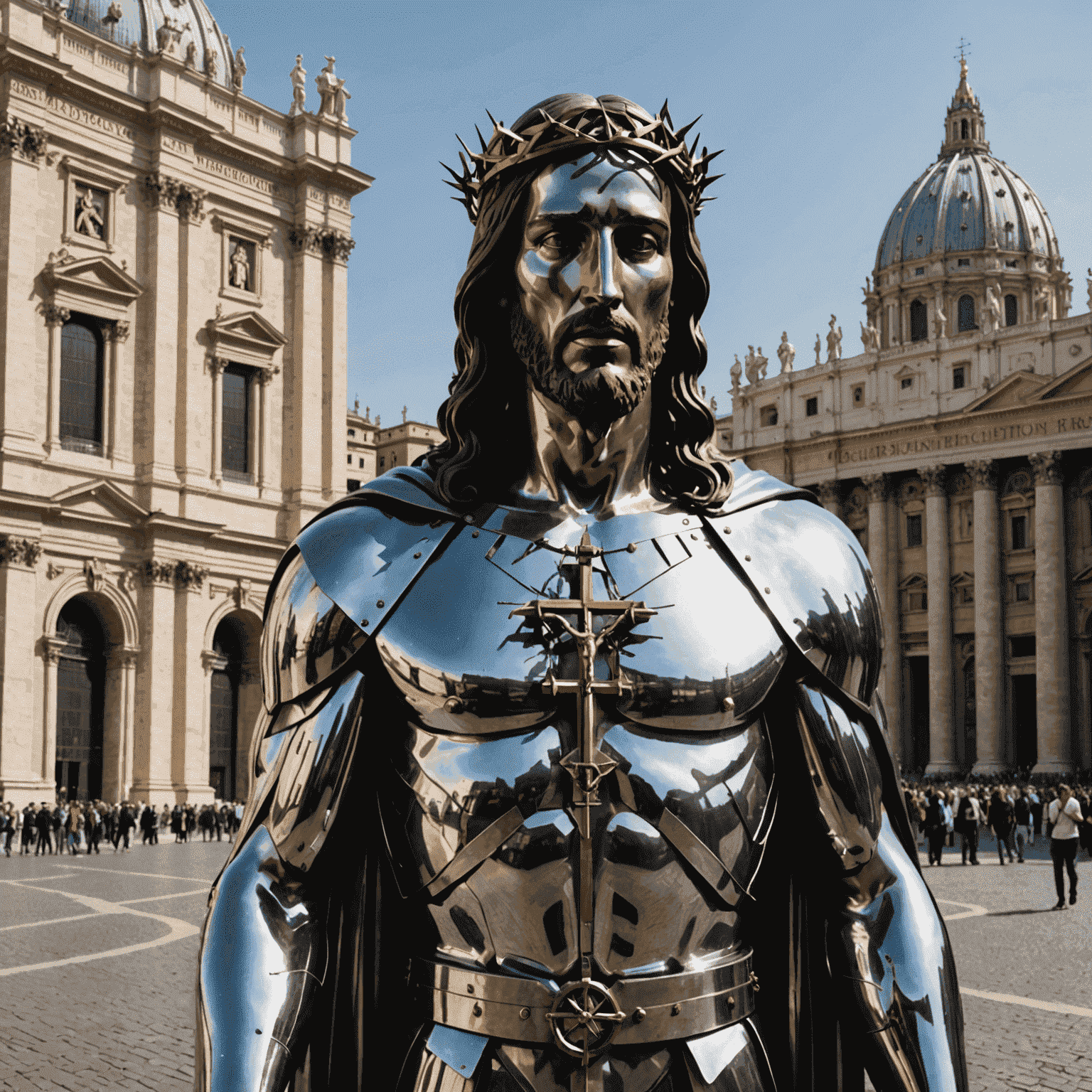 A striking modern sculpture of Christ, made from unconventional materials like steel and glass, juxtaposed against the traditional Vatican architecture