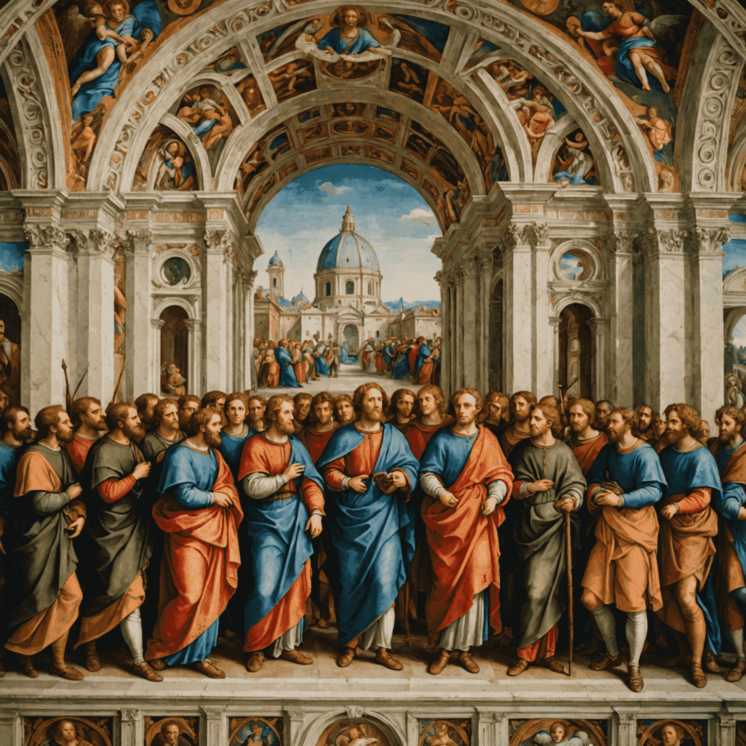 A detailed view of one of Raphael's frescoes in the Apostolic Palace, showing vibrant colors and Renaissance style figures