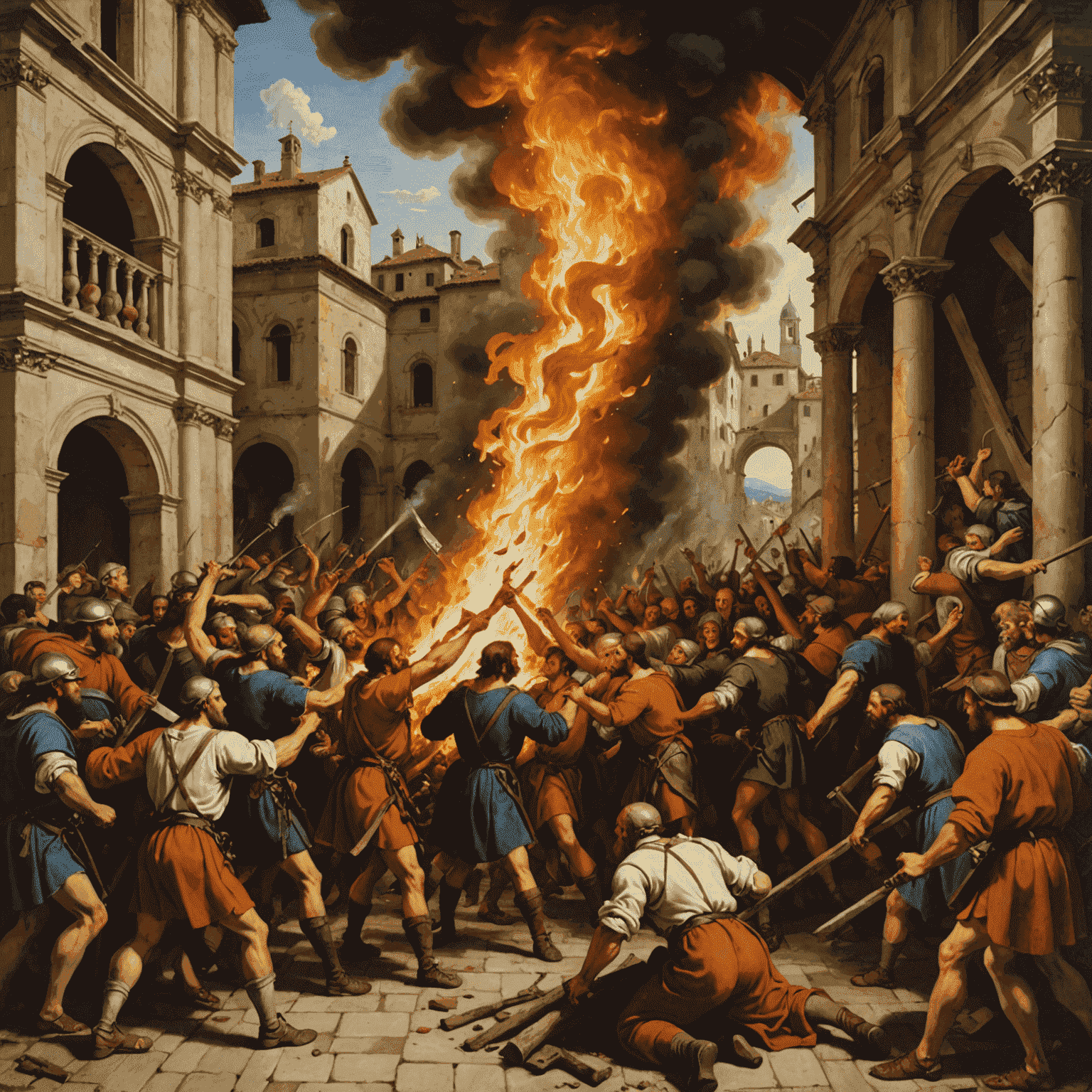 The Fire in the Borgo fresco, depicting a chaotic scene of a fire being miraculously extinguished, showcasing Raphael's mastery of human anatomy and dramatic composition