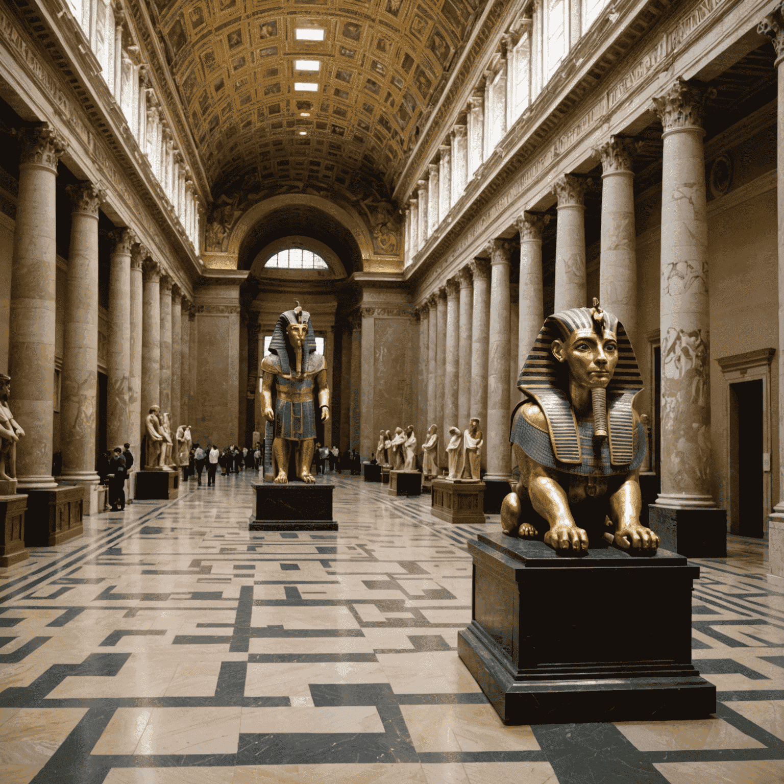 A grand hall in the Vatican's Egyptian Museum showcasing large statues of Egyptian pharaohs and sphinxes