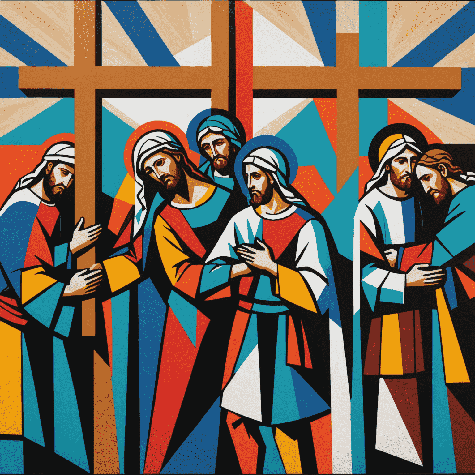 A series of abstract paintings depicting the Stations of the Cross, using bold colors and geometric shapes to convey spiritual meaning