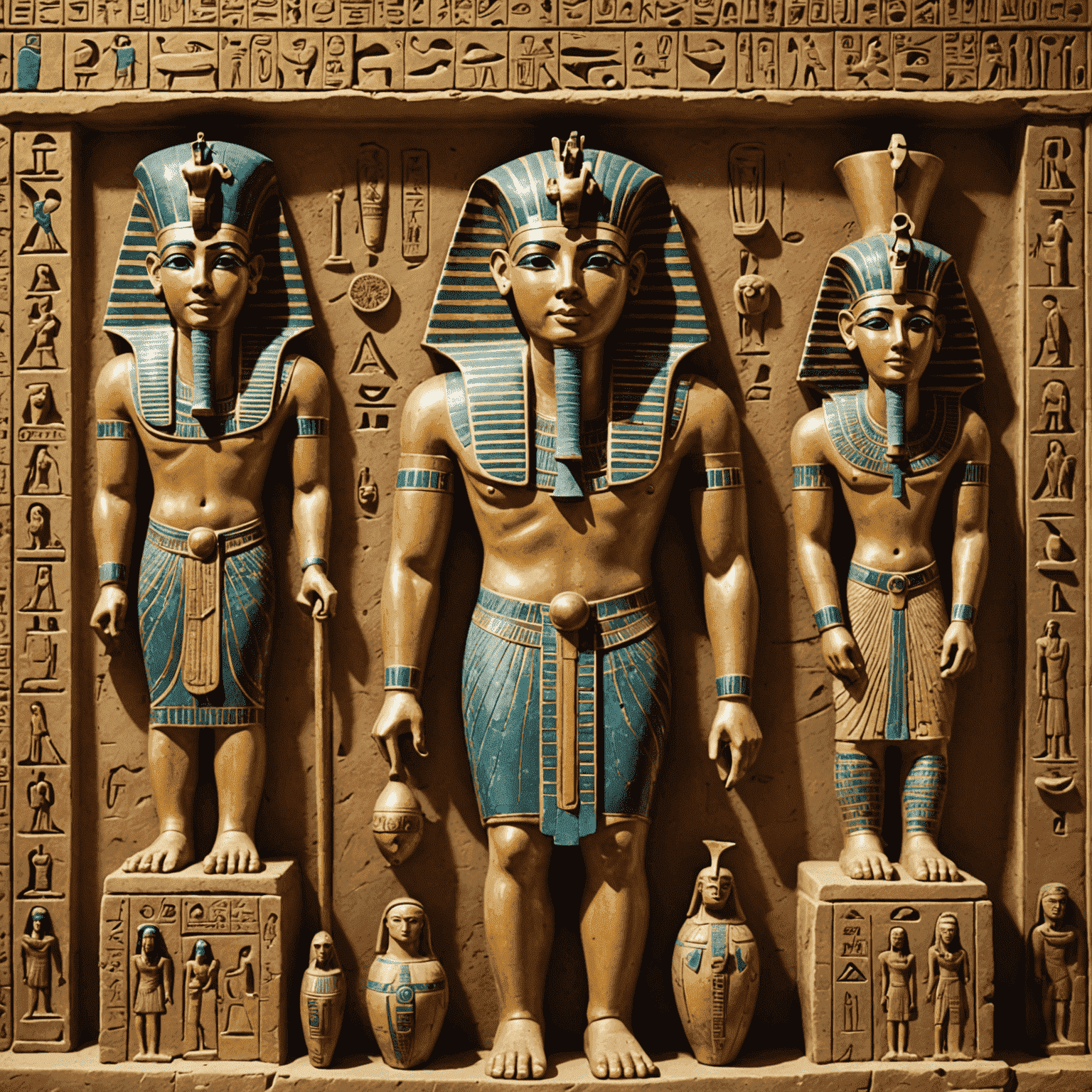 An array of ancient Egyptian artifacts including a sarcophagus, hieroglyphic tablets, and small statues of Egyptian gods