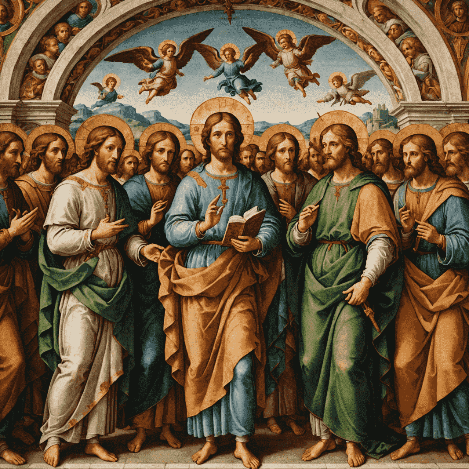 A detailed close-up of figures from the Disputation of the Holy Sacrament fresco, showcasing Raphael's exceptional skill in portraying human expressions and intricate details