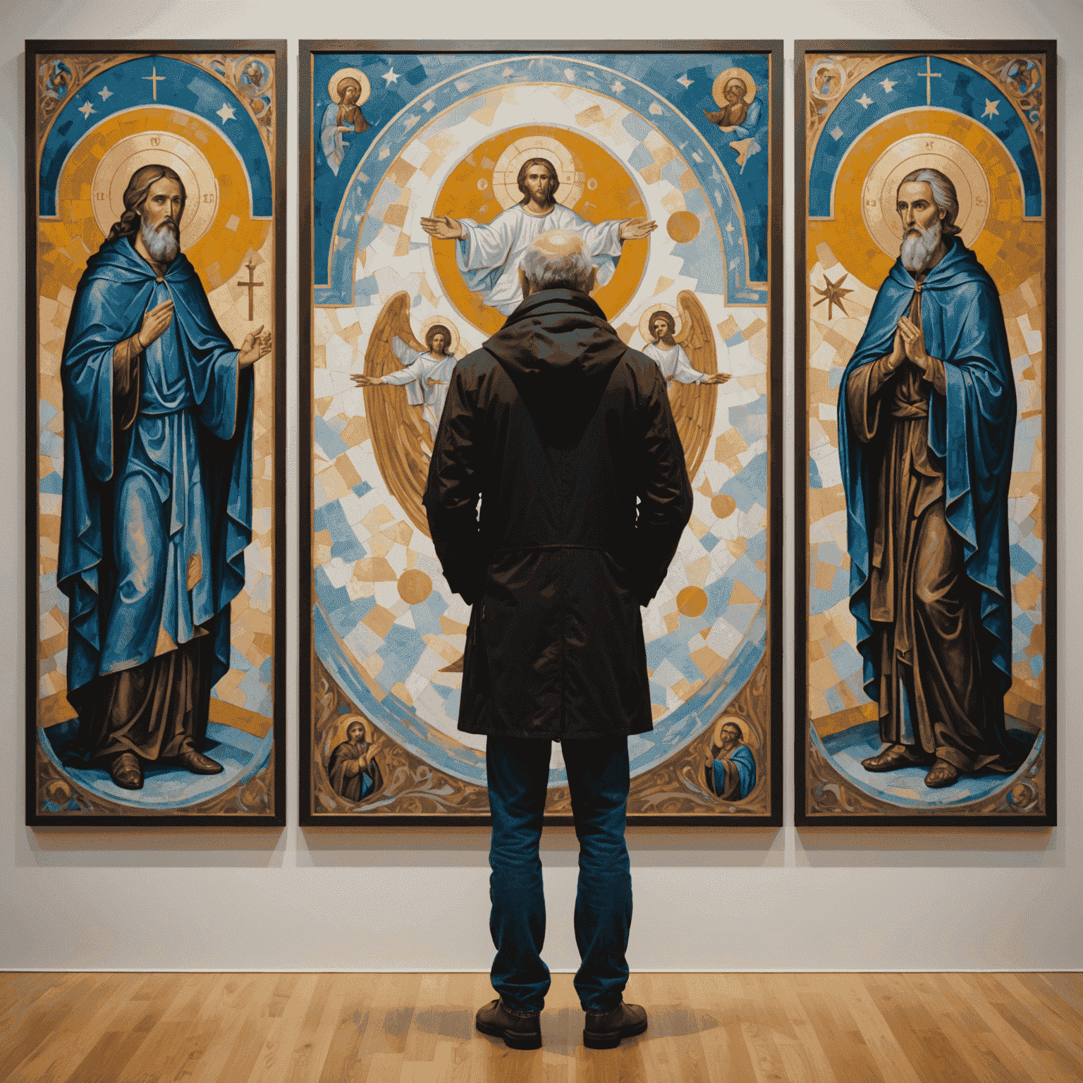 A contemplative visitor standing before a large-scale modern triptych depicting the Holy Trinity, rendered in a style blending abstract expressionism with Byzantine influences