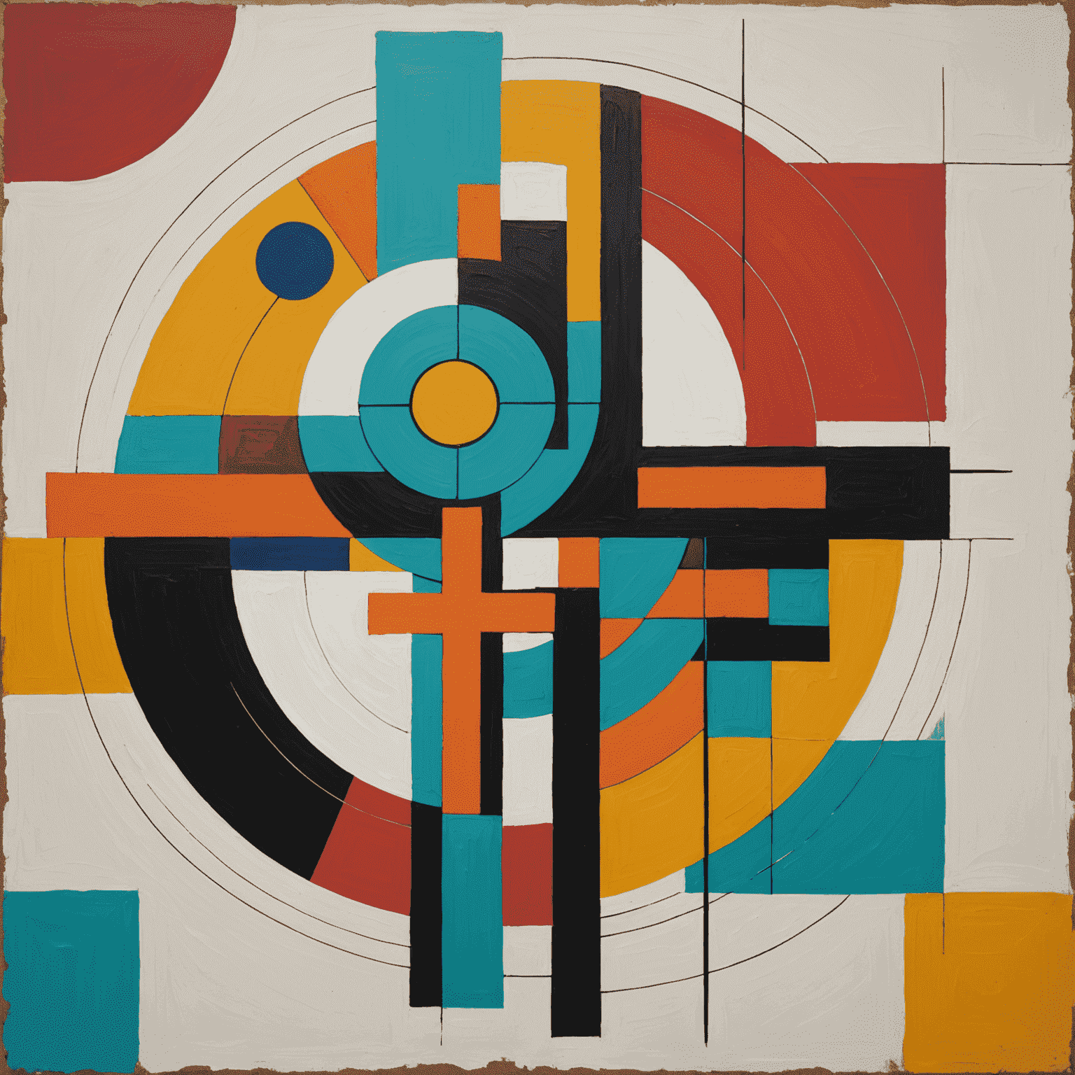 A modern abstract painting with religious symbolism, featuring bold colors and geometric shapes